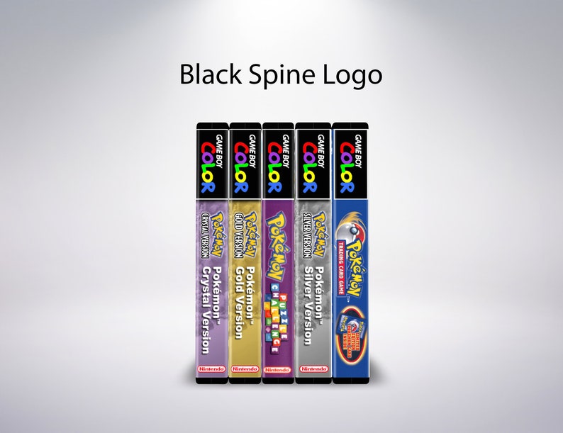 May include: A collection of Game Boy Color game boxes, including Pok&eacute;mon Crystal, Gold, Silver, and a Trading Card Game version. Each box features the Pok&eacute;mon logo and game title, with a black spine and the text "Black Spine Logo" at the top.