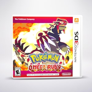 May include: A Nintendo 3DS game case for Pokémon Omega Ruby. The case features a red and black creature with white accents against a fiery background. The game title is in yellow and blue. The ESRB rating is visible.