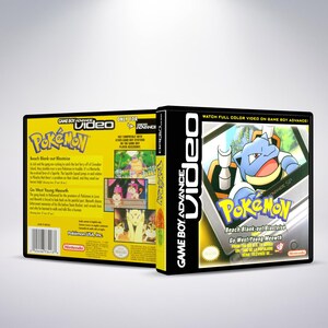 May include: A yellow and black Game Boy Advance video game cartridge case with a picture of a blue Pokemon character on the front. The back of the case has text describing the game, "Beach Blank-out Blastoise" and "Go West Young Meowth".