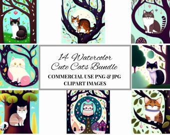 Watercolor Cute Cats Clipart, Cat Clip Art Watercolour, Fairytale Cat Clipart, Fantasy Kitten Clipart, cats on trees