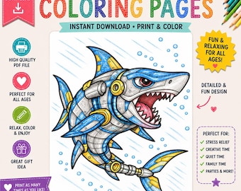 May include: A digital download coloring page featuring a detailed illustration of a robotic shark. The shark is colored in shades of blue, yellow, and silver, with mechanical details. Text at the top reads "Robot Creatures Coloring Pages". The image is designed for all ages.