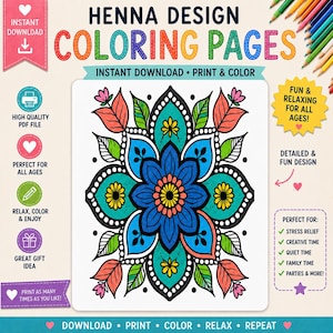 May include: Henna design coloring pages with a detailed floral mandala design. The image includes text that says "Instant Download" and "Print & Color". The design is in shades of blue, teal, orange, and yellow. The image also includes icons and text such as "Relax, Color & Enjoy".