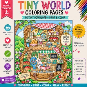 May include: A digital coloring page titled Tiny World Coloring Pages featuring a two-story picnic basket market with a mouse and rabbit. The illustration includes text like Fresh Pies Brighter Days, Picnic Basket Market, Good Food Happier Days, and Fresh Bakes Fresh Friendships. The scene is surrounded by trees, flowers, and a squirrel.