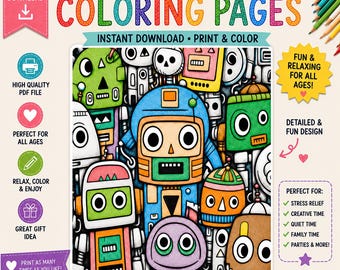 Robots & Futuristic Coloring Pages: 50 Printable Designs (Digital Download)