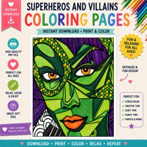 Superheroes and Villains Grayscale Coloring Pages: 25 Printable Designs (Digital Download)