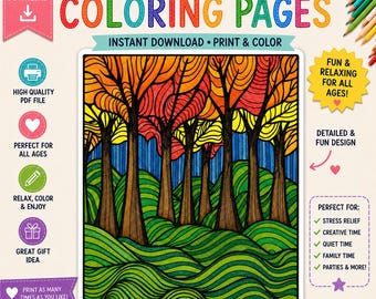 以下が含まれることがあります： 「World Reimagined Coloring Pages」というタイトルのデジタルダウンロードぬりえ。オレンジ、黄色、赤色の葉を持つ木々と緑の丘の、詳細でカラフルなイラストが特徴です。「Instant Download」と「Print & Color」というテキストが含まれています。