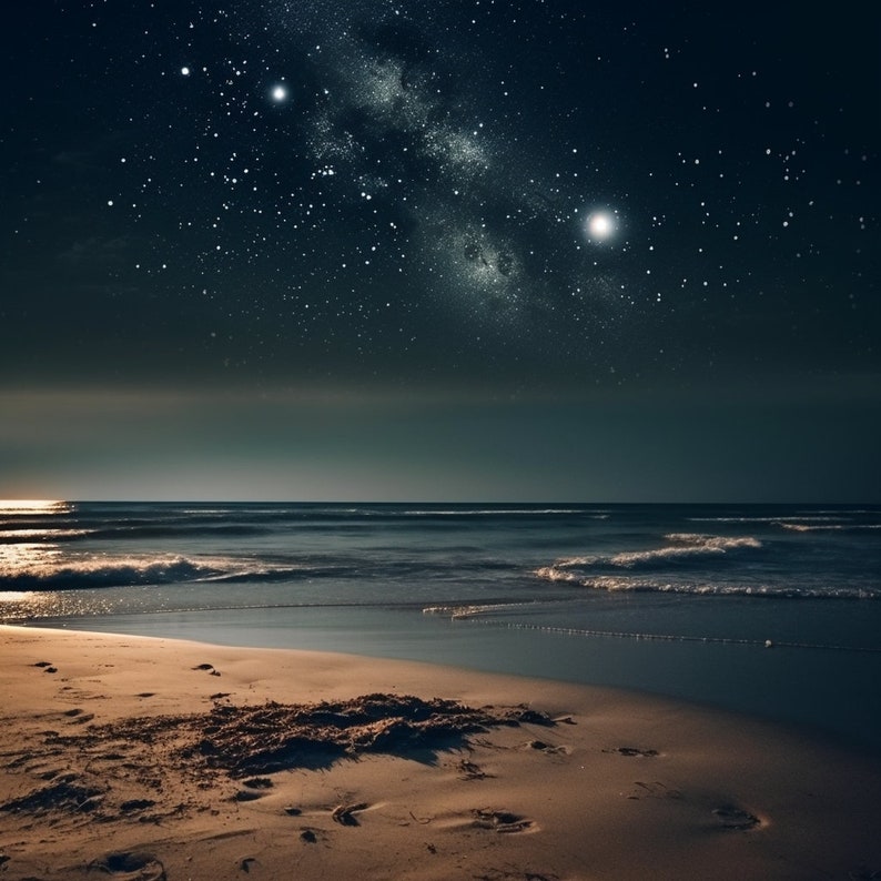 Bundle of 4 Digital Prints of the Beach, Night Time, Moon and Stars ...
