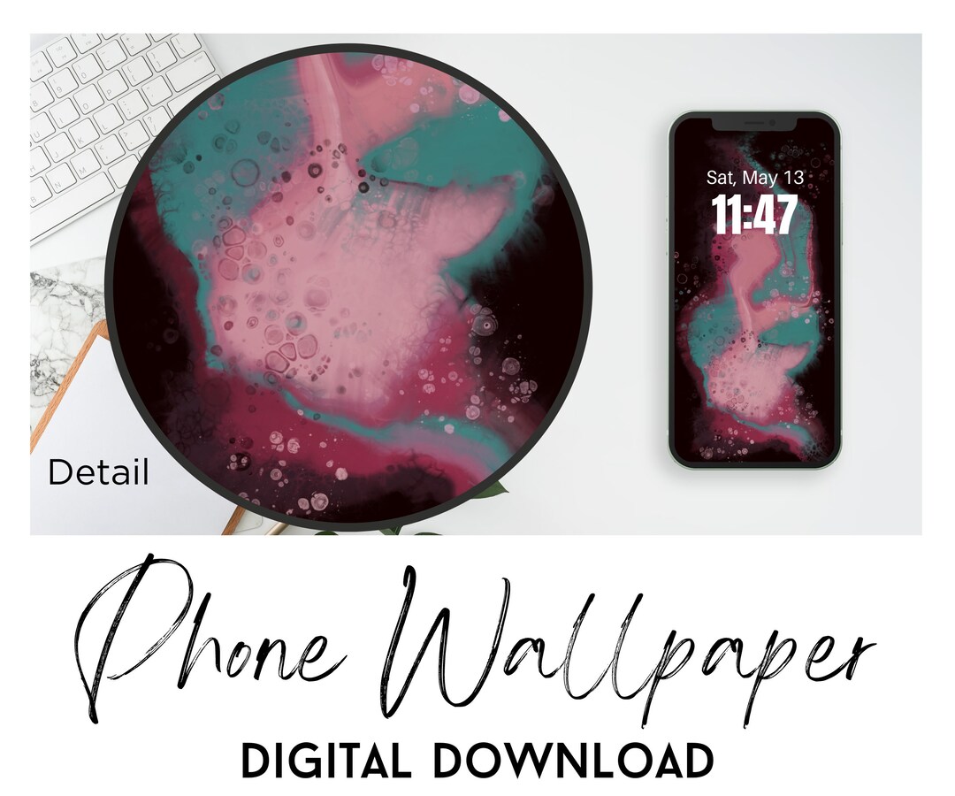Abstract Teal Pink Phone Background, Acrylic Pour Digital Painting Phone Wallpaper for iPhone