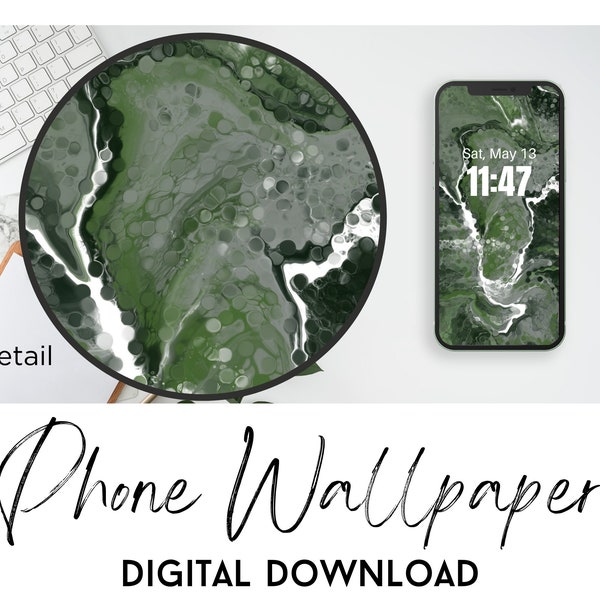 Abstract Phone Wallpaper, Green Leaf Bubble Phone Background for iPhone Android, Acrylic Pour Painting Digital Download Mobile Background