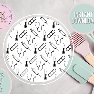 May include: A black and white seamless pattern featuring a repeating design of a stethoscope, thermometer, syringe, and bandage. The pattern is on a white background. The text "INSTANT DOWNLOAD" is in a circle with a light blue background.