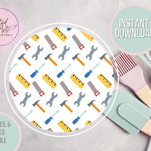 May include: A seamless pattern featuring a white background with repeating images of tools, including hammers, wrenches, screwdrivers, and rulers. The tools are in various colours, including red, blue, yellow, and grey.