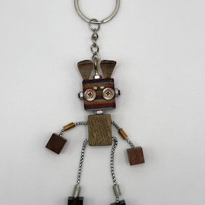 Custom Designed Robot Keychain with Bunny Ears | Hand-Assembled Quirky Wood and Metal Keyring | Unique Gift for Robot Lovers