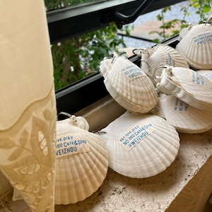 May include: A collection of white seashell ornaments with silver-colored metal loops for hanging. Each shell has a small rectangular label with text that reads "eat.love.pray NO.060 Café & Shop in WEIZHOU". The shells are arranged on a windowsill.
