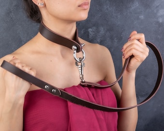 Heavy Duty Leather Collar and Leash Set: Stainless Steel Shackles