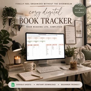 May include: A digital book tracker on a computer screen, with the words "cozy digital BOOK TRACKER" above it. The image shows a workspace with a mug, a candle, and a notebook. The text on the screen says "Reading Stats Dashboard".