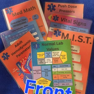 Puede incluir: Un conjunto de tarjetas de referencia médica laminadas con títulos como "Med Math" y "Normal Lab Values". Las tarjetas presentan gráficos e información médica, con un símbolo de servicios médicos de emergencia.