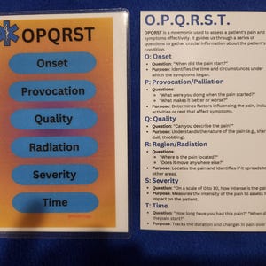 May include: A laminated card with the mnemonic OPQRST for pain assessment. The card has sections for Onset, Provocation, Quality, Radiation, Severity, and Time. A second card explains the mnemonic.