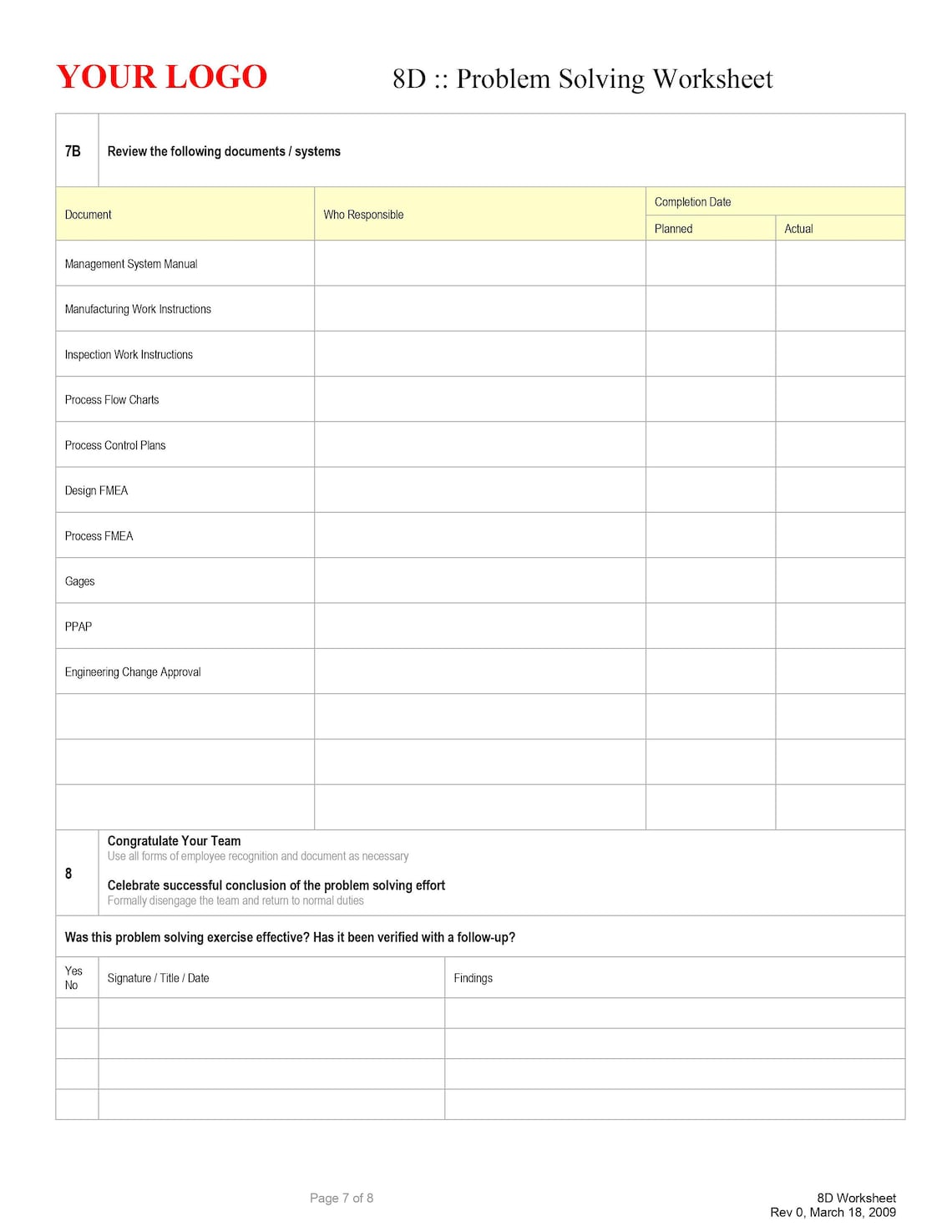 8D- Problem Solving Template | Root Cause Analysis Work Sheet ...