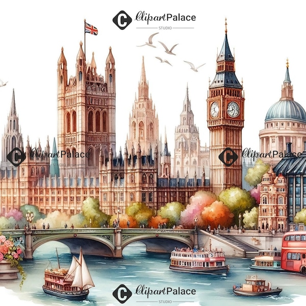 Charming London Clipart Collection - Watercolour Landmarks - 4 PNG Images - Instant Digital Download - 300 DPI