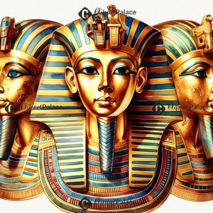 May include: Three gold pharaoh masks with blue and red accents. The masks are detailed with intricate patterns and have a regal and ancient feel.