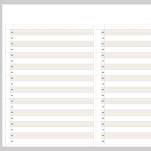 May include: A double-page spread from a planner or notebook, featuring a grid layout with numbered time increments. The pages have a light beige color with horizontal lines and vertical columns, ideal for scheduling and note-taking.