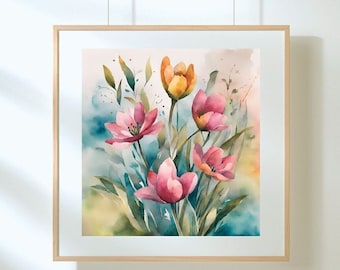 Watercolor Floral Spring Print: Pastel Wildflower Wall Art (Digital Download)