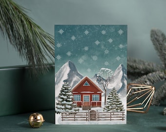 Mountain Cabin Holiday Greeting Card | Watercolor Blue and Gray