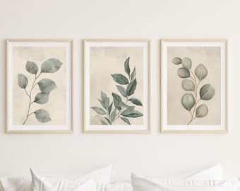 Set of 3 Watercolor Leaf Art Prints, Leaf Wall Art, Triptych Wall Art, Botanical Prints Wall Art, Bedroom Wall Decor, Digital Download
