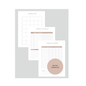 May include: Printable garden planner set with three pages: a garden map, a garden checklist, and a garden planner. The pages are white with black text and lines. The text "Instant Download" is in a circle with a brown background.