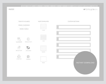 Può includere: Una pagina di indice di un planner digitale grigio e bianco con il testo "INDEX", "YEAR AT A GLANCE", "YEARLY OVERVIEW", "YEARLY GOALS", "NOTE TEMPLATES", "CUSTOM SECTIONS" e "INSTANT DOWNLOAD".