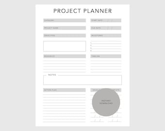 May include: A black and white printable project planner with sections for category, project name, objectives, resources, milestones, timeline, notes, action plan, deadline, and complete. The planner also includes the text "Instant Download".