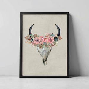Impresión floral de calavera de vaca: Arte de pared bohemio occidental (descarga instantánea)