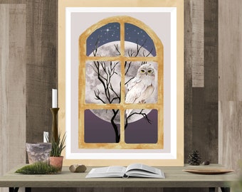 Owl and Moon in Window Art Printable | Dark Blue Starry Sky