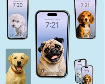 May include: A collection of smartphones with dog-themed wallpapers. The phones display images of a Maltese, a Beagle, a Pug, and a Labrador Retriever. Each phone shows the time as 7:20 or 7:21, and the date as Wednesday, June 11.