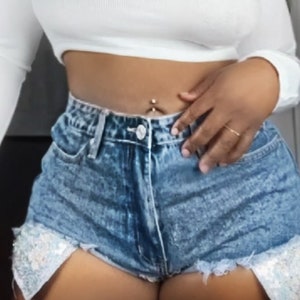 jean mini shorts with glitter pocket detail