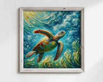 Wydruk na płótnie z żółwiem morskim: Sztuka oceaniczna inspirowana Gwiaździstą Nocą Van Gogha