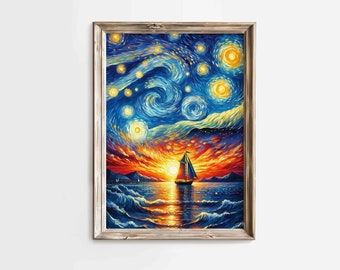 Canvasprint Zeilboot sterrennacht, door Van Gogh geïnspireerde muurkunst zeegezicht