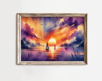 Purple Hues Sailboat - Dusk Sunset Seascape Watercolor Ink Painting Canvas Wall Art Drawing, Ocean Beach Nautical Boat Decor