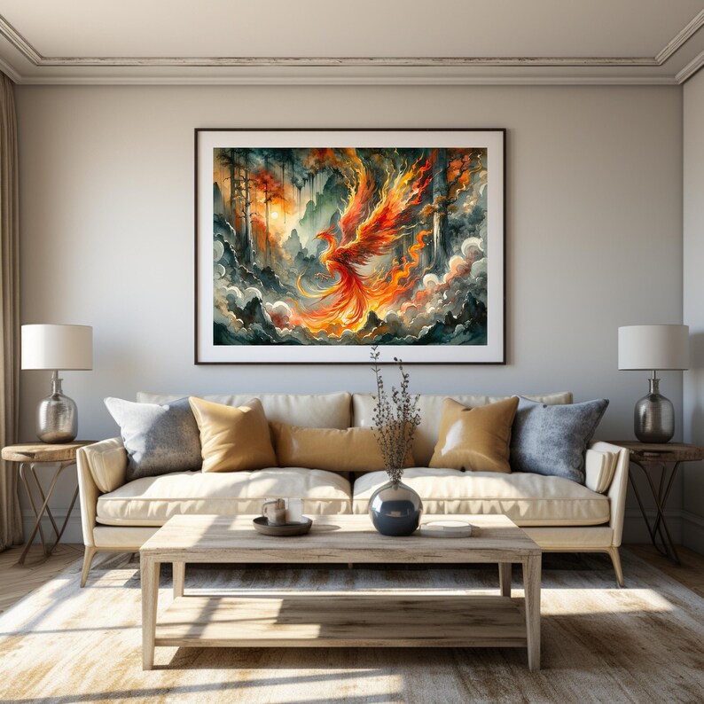 Fiery Phoenix Rising Watercolor Painting - Mythical Bird Magical Fantasy Inspired Canvas Print Wall Art Landscape Home Office Decor image 2