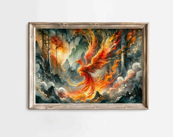 May include: A framed watercolor painting depicts a phoenix rising from flames. The artwork features vibrant colors of orange, red, and yellow against a backdrop of a forest and mountains. The painting is encased in a wooden frame.