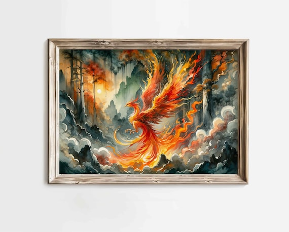 Fiery Phoenix Rising Watercolor Painting - Mythical Bird Magical Fantasy Inspired Canvas Print Wall Art Landscape Home Office Decor