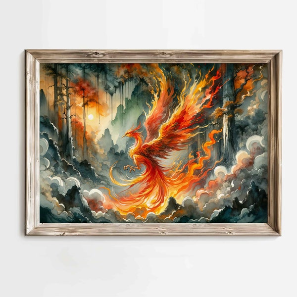 Fiery Phoenix Rising Watercolor Painting - Mythical Bird Magical Fantasy Inspired Canvas Print Wall Art Landscape Home Office Decor