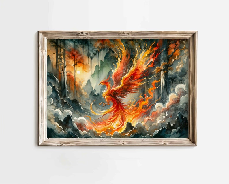 Fiery Phoenix Rising Watercolor Painting - Mythical Bird Magical Fantasy Inspired Canvas Print Wall Art Landscape Home Office Decor Premium Matte Paper Poster