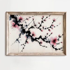 Ethereal Cherry Blossom Japanese Watercolor Ink Painting Abstract Floral Canvas Wall Art Pink Sakura Branch Ink Drawing Asian Inspired Decor