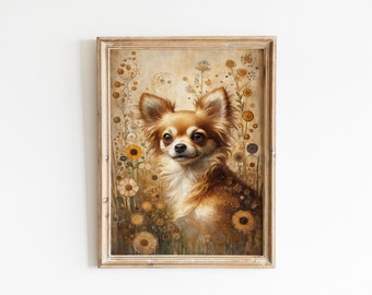 May include: A framed painting of a small, brown and white chihuahua dog with large, dark eyes. The dog is surrounded by a field of yellow and brown flowers.