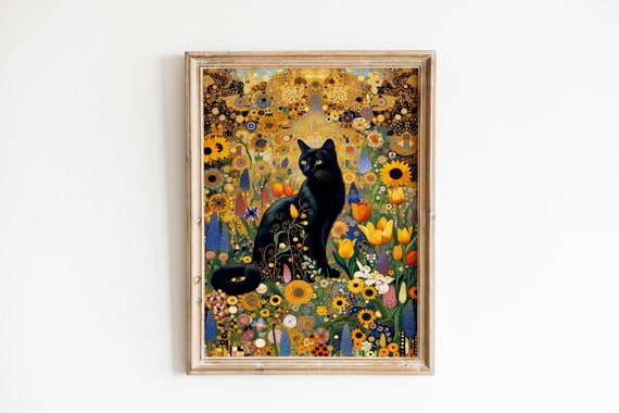 神秘的ななめらかな黒猫の草原、象徴的な花柄の猫のポートレート