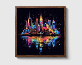 Sueños de neón de Manhattan, paisaje urbano nocturno de la ciudad de Nueva York Skyline cartel impresión lienzo pintura de arte mural, vida nocturna del rascacielos del centro de Nueva York