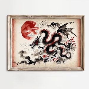 Mystical Eastern Dragon - Traditional Watercolor Ink Painting Canvas Wall Art, Ink Drawing Asian Inspired Decor