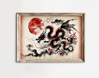 Mystical Eastern Dragon - Traditional Watercolor Ink Painting Canvas Wall Art, Ink Drawing Asian Inspired Decor