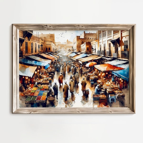 Exotic Morocco Market City Scene, Cultural Bazaar, Vibrant Street Souk, World Travel Decor, Unique Watercolor Painting Canvas Print Wall Art